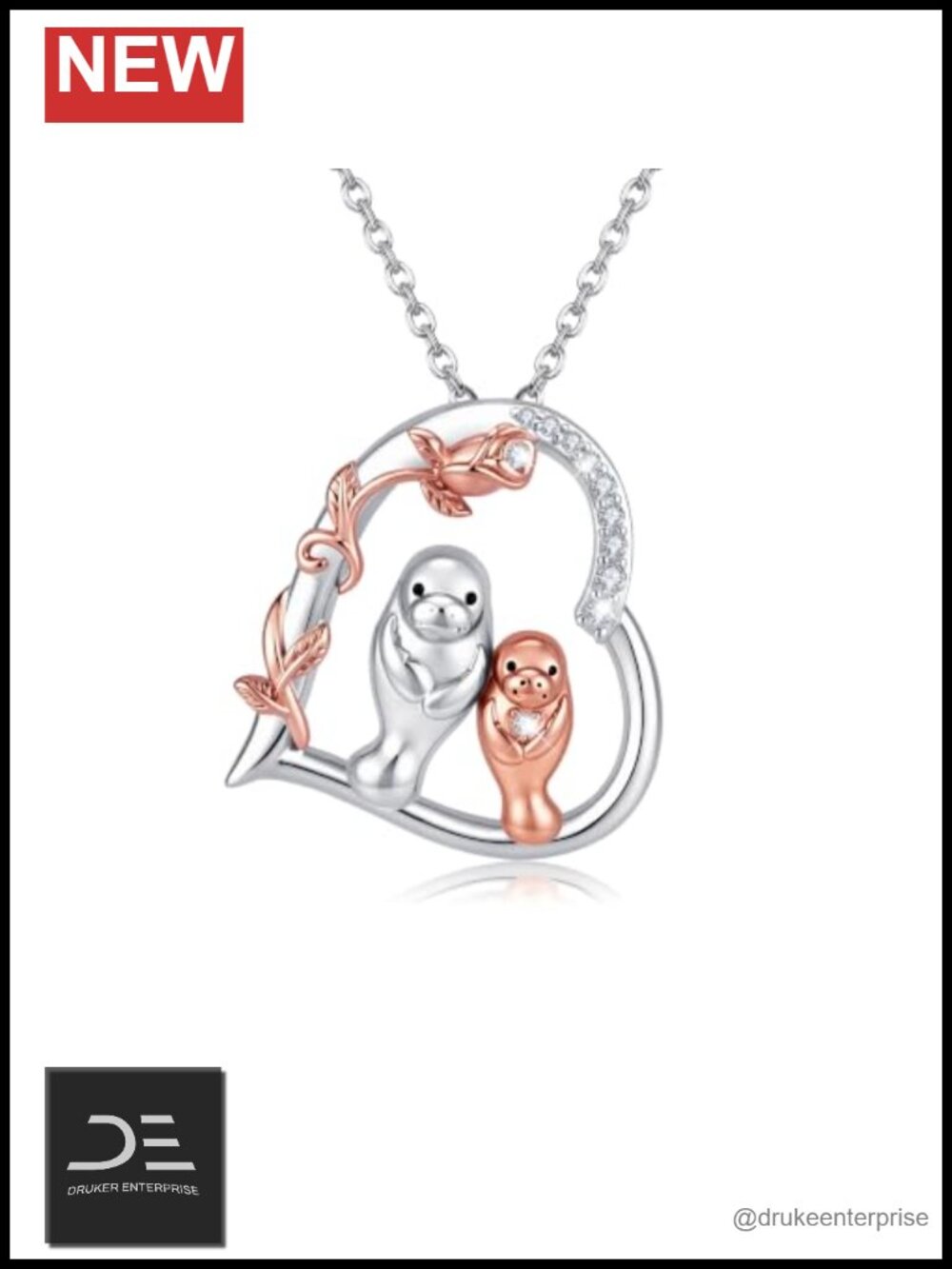 Sterling Silver Heart Rose Manatee Pendant Necklace Animal Jewelry Gift Women